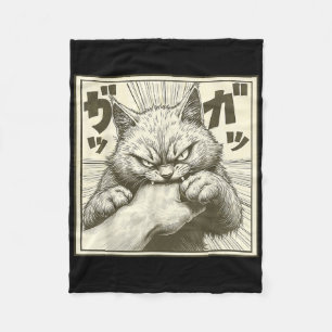 Funny Cat Graphic Tee Japanese Anime Cat Bite Fleece Blanket