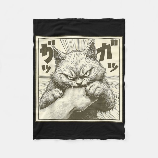 Funny Cat Graphic Tee Japanese Anime Cat Bite  Fleece Blanket (Front)