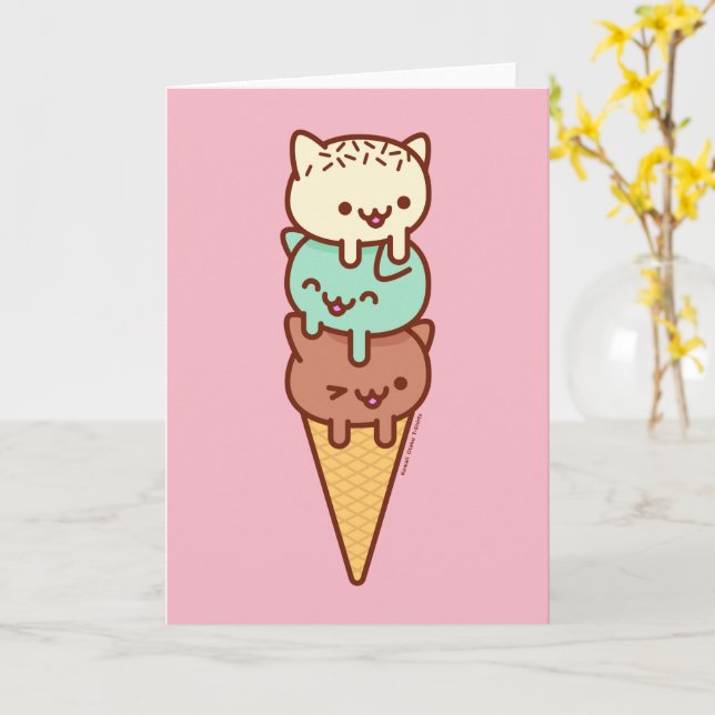 Funny Cat Greeting Card - SUMMER ICE CREAM CONE (Yellow Flower)