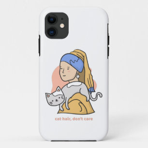 Funny cat hair don't care girl with pearl earring iPhone 11 case