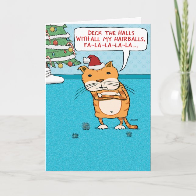 Funny Cat Hairballs Christmas Holiday Card (Front)
