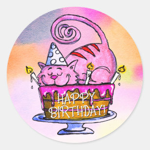 Funny Cat Happy Birthday Cake and Candles Classic Round Sticker
