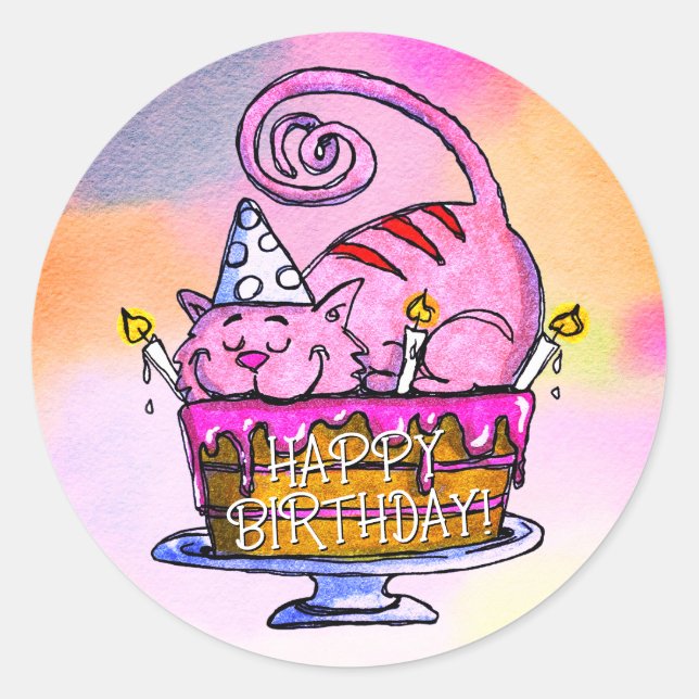 Funny Cat Happy Birthday Cake and Candles Classic Round Sticker (Front)