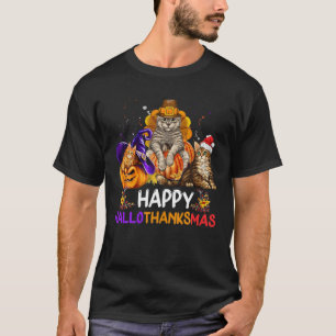 Funny Cat Happy Hallothanksmas Halloween Christmas T-Shirt