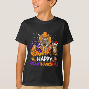 Funny Cat Happy Hallothanksmas Halloween Thanksgiv T-Shirt
