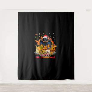 Funny Cat Happy Hallothanksmas Halloween Thanksgiv Tapestry