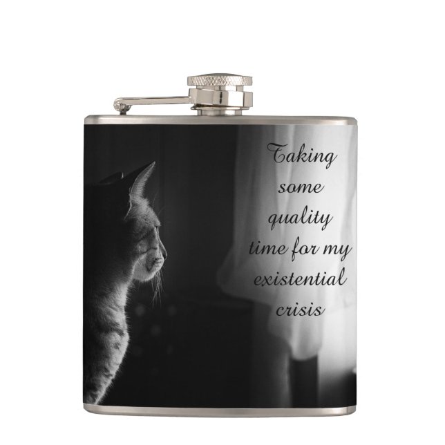 Funny Cat Having Existential Crisis Hip Flask (Front)