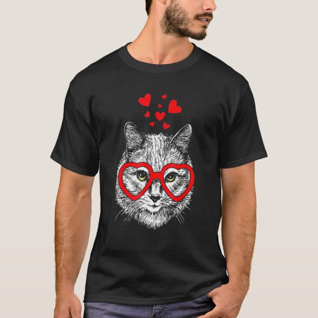 Funny Cat Heart Glasses Valentine's Day T-Shirt (Front)