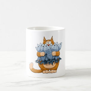 Funny Cat Holding Fish Cartoon Hungry Kitty Coffee Mug