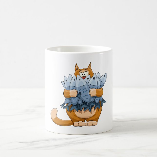 Funny Cat Holding Fish Cartoon Hungry Kitty Coffee Mug (Creator Uploaded)