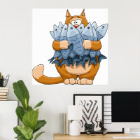 Funny Cat Holding Fish Cartoon Hungry Kitty