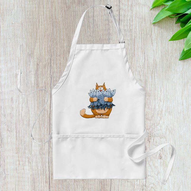 Funny Cat Holding Fish Cartoon Hungry Kitty Standard Apron (Creator Uploaded)