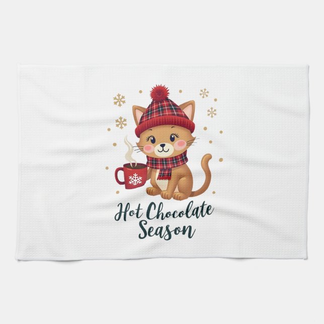 Funny Cat Hot Choco Season Merry Christmas Mom Dad Tea Towel (Horizontal)