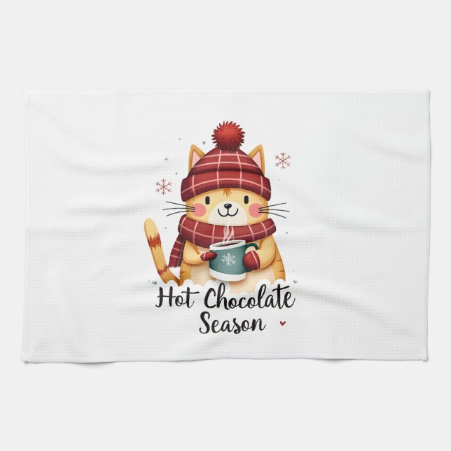 Funny Cat Hot Choco Season Merry Christmas Mom Dad Tea Towel (Horizontal)