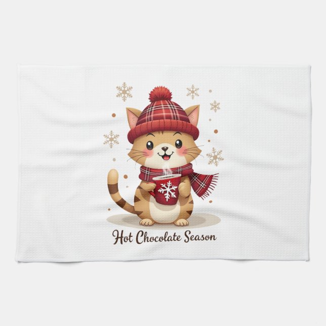 Funny Cat Hot Choco Season Merry Christmas Mom Dad Tea Towel (Horizontal)