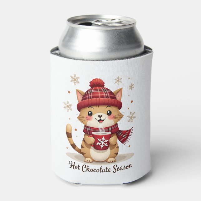 Funny Cat Hot Choco Season Merry Christmas Mum Dad Can Cooler (Can Front)