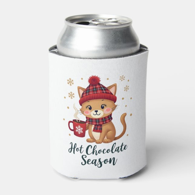 Funny Cat Hot Choco Season Merry Christmas Mum Dad Can Cooler (Can Front)