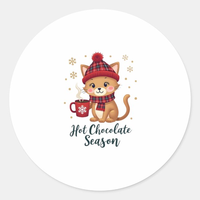 Funny Cat Hot Choco Season Merry Christmas Mum Dad Classic Round Sticker (Front)