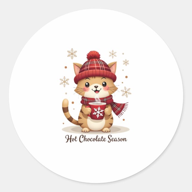 Funny Cat Hot Choco Season Merry Christmas Mum Dad Classic Round Sticker (Front)