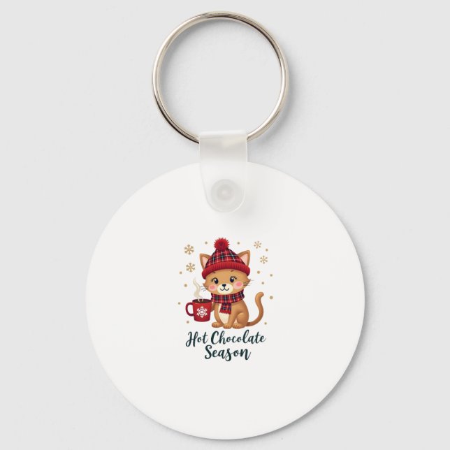 Funny Cat Hot Choco Season Merry Christmas Mum Dad Key Ring (Front)