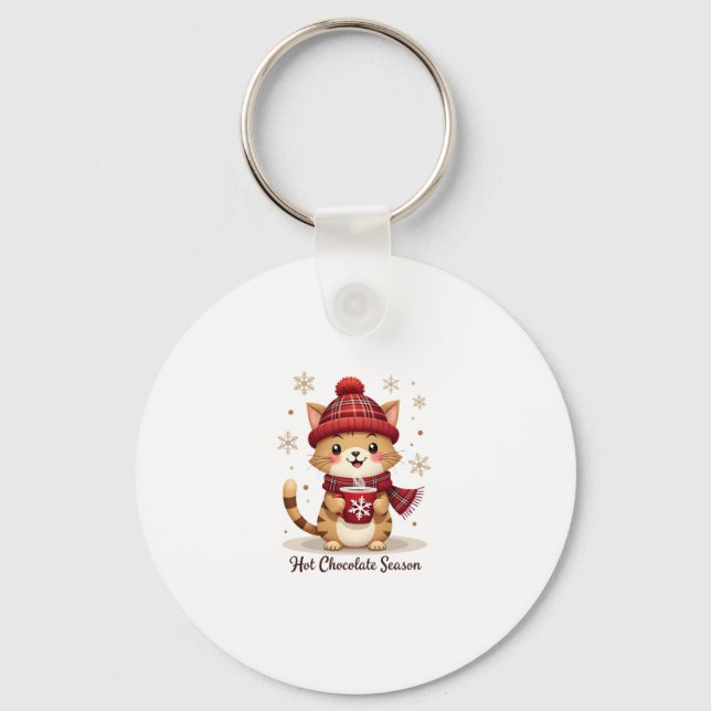 Funny Cat Hot Choco Season Merry Christmas Mum Dad Key Ring (Front)
