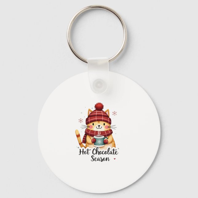 Funny Cat Hot Choco Season Merry Christmas Mum Dad Key Ring (Front)