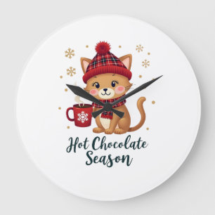 Funny Cat Hot Choco Season Merry Christmas Mum Dad Large Clock