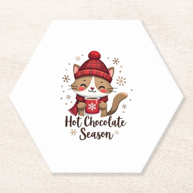 Funny Cat Hot Choco Season Merry Christmas Mum Dad Paper Coaster (Front)