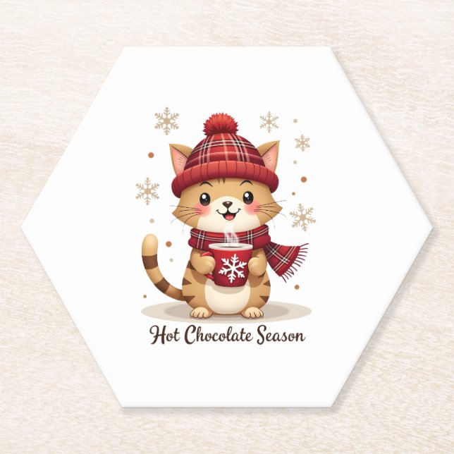 Funny Cat Hot Choco Season Merry Christmas Mum Dad Paper Coaster (Front)