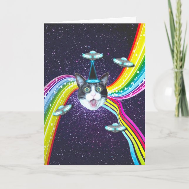 Funny Cat Humour Alien Abduction Birthday Card (Front)