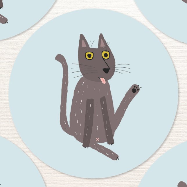 Funny Cat Humour Classic Round Sticker (Fun kitty cat washing humor stickers)