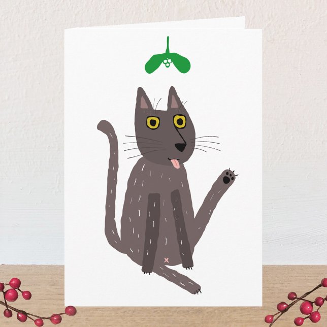 Funny Cat Humour Holiday Card (Funny cat kiss personalized holiday card)