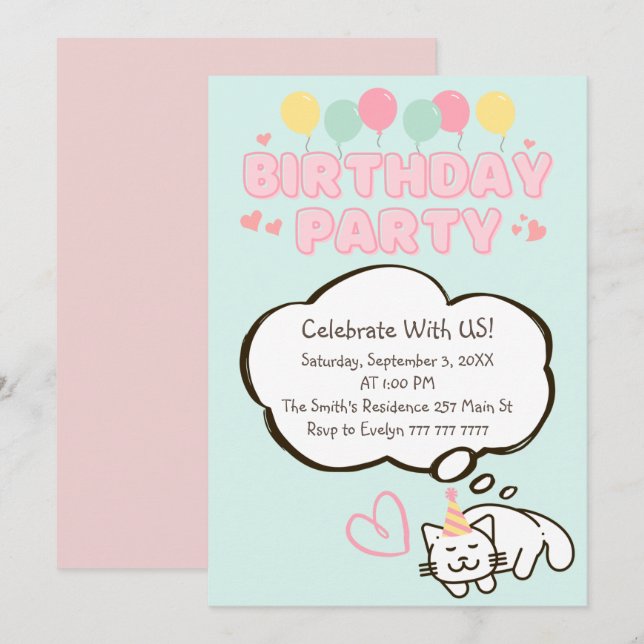 Funny Cat in a Hat Birthday Invitation  (Front/Back)
