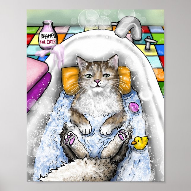 Funny Cat in Bath Cat 761 Bathroom art Poster (Front)