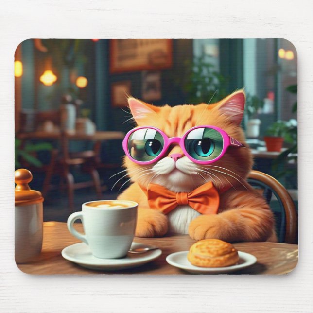 Funny Cat in Cafe with Coffee Mouse Pad (Front)