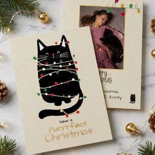 Funny Cat in Lights Purr fect Photo Chrismas Gold Foil Holiday Card