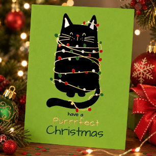 Funny Cat in Tree Lights Purr fect Chrismas Gold Foil Holiday Card