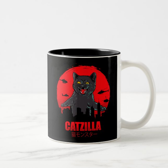 Funny Cat Japanese Themed Catzilla Monster Two-Tone Coffee Mug (Right)