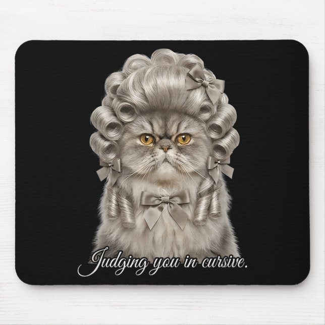 Funny cat judging you in cursive saying joke  mouse mat (Front)