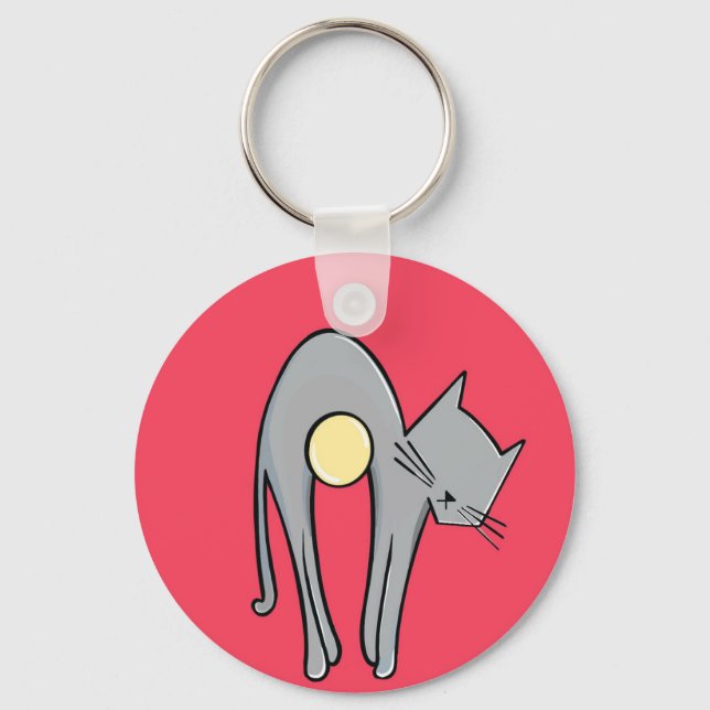 Funny Cat Keychain – Minimal Grey Kitty on Red (Front)