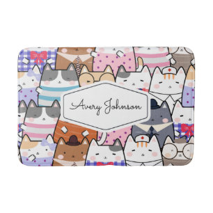 Funny Cat Kitten Whimsical Pattern Kids Bathroom Bath Mat