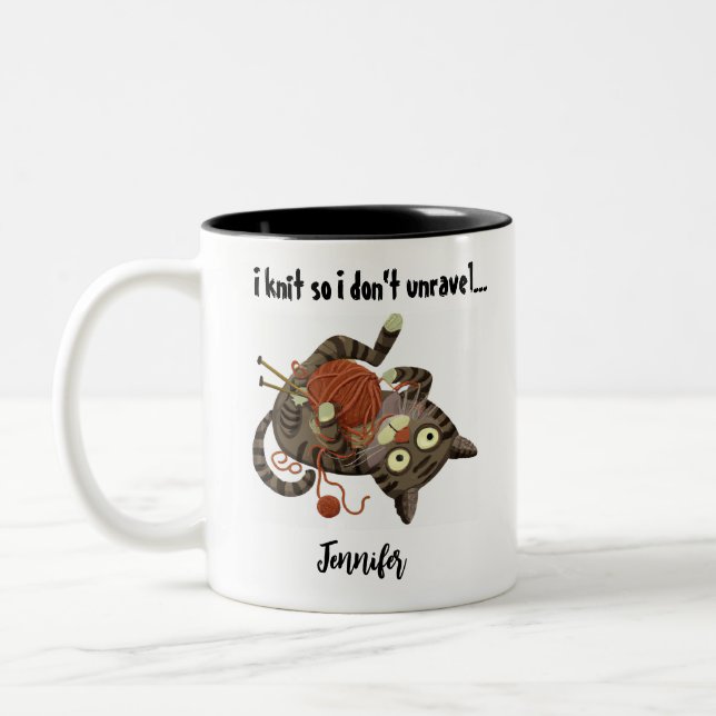 Funny Cat Knitting Themed Coffee Mug Knitter Gift (Left)