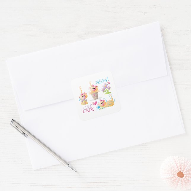 Funny Cat Lady Cartoon Cute Cat Lover Square Sticker (Creator Uploaded)