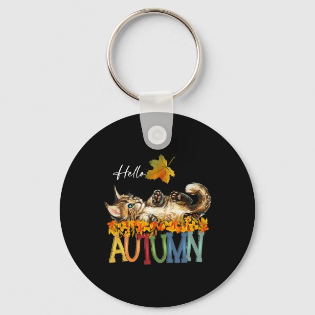 Funny Cat Leaf Fall Hello Autumn Cute Kitten Cat L Key Ring (Front)