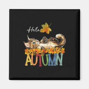 Funny Cat Leaf Fall Hello Autumn Cute Kitten Cat L Magnet