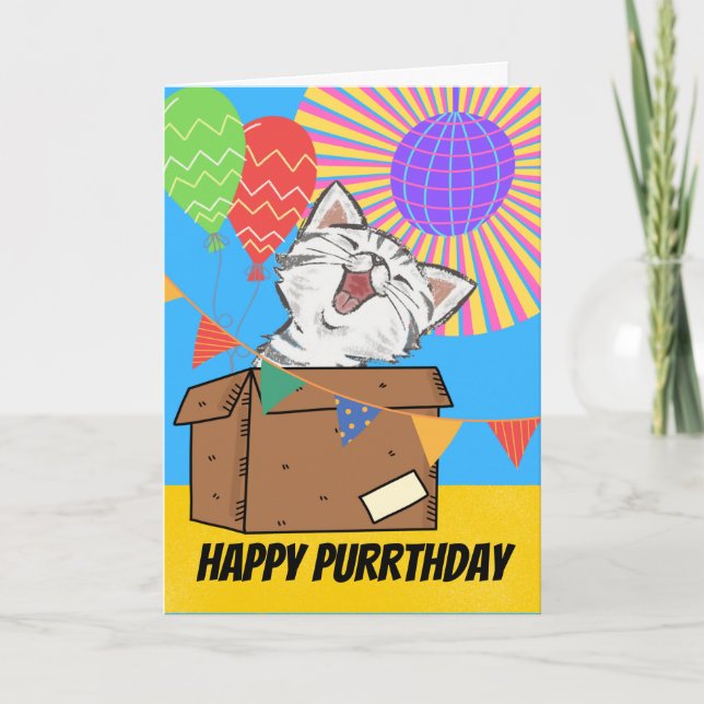 Funny Cat Leaving Birthday Gift in Box Card (Front)
