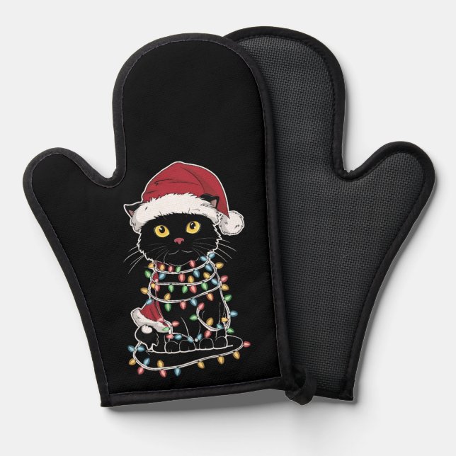 Funny Cat Lover Christmas Lights Oven Mitt (Front/Back)