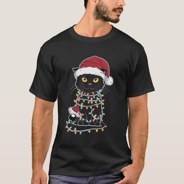 Funny Cat Lover Christmas Lights T-Shirt (Front)