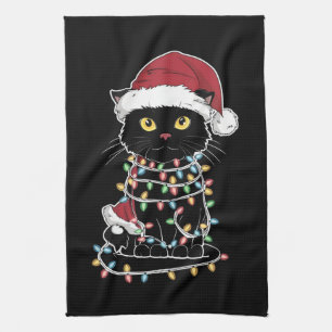 Funny Cat Lover Christmas Lights Tea Towel