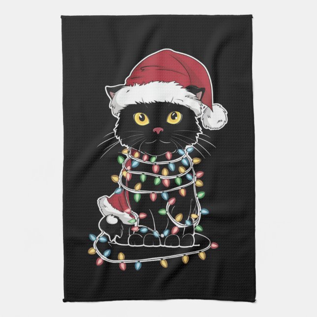 Funny Cat Lover Christmas Lights Tea Towel (Vertical)